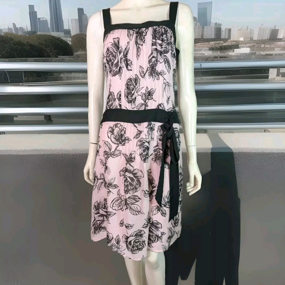 Ann Taylor Loft Pink Black Fit n Flare Floral Dress 2 Crepe Silk Lined
